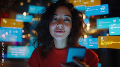 Woman Using Smartphone with Floating Social Media Notifications – Digital Communication and Online Connectivity