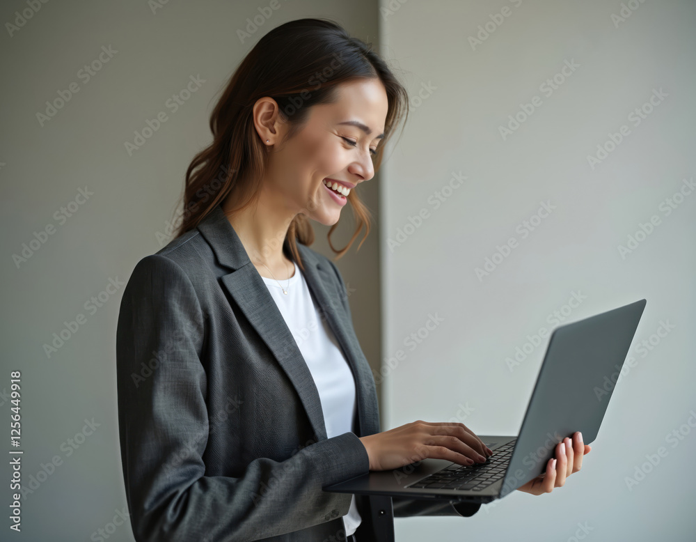 Happy business woman working on laptop. Confident female entrepreneur in suit smiles, types on keyboard. Young professional studies online, analyzes data. Businesswoman works on digital device, Happy business woman working on laptop. Confident female entrepreneur in suit smiles, types on keyboard. Young professional studies online, analyzes data. Businesswoman works on digital device,