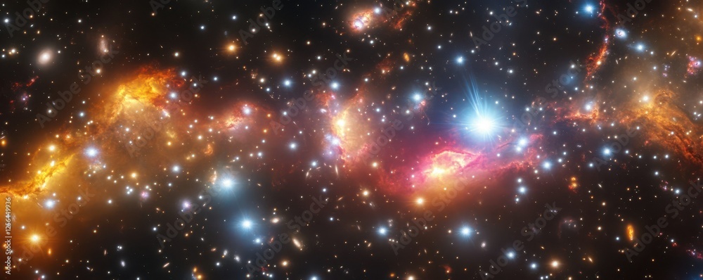 Colorful galaxy cluster with bright stars and nebulae in deep space Colorful galaxy cluster with bright stars and nebulae in deep space