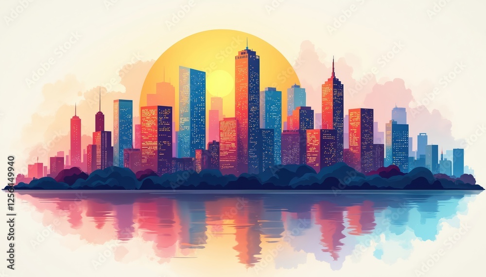 Obraz premium Vibrant skyline illustration of colorful city panorama with modern buildings, skyscrapers on sunset. Urban landscape reflects in water. Perfect for architectural designs, metropolitan backgrounds.