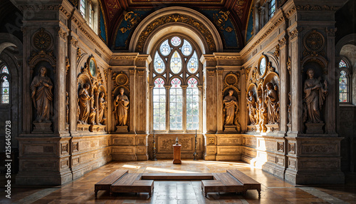 Ornate marble archway in gothic cathedral interior, spiritual serenity photo