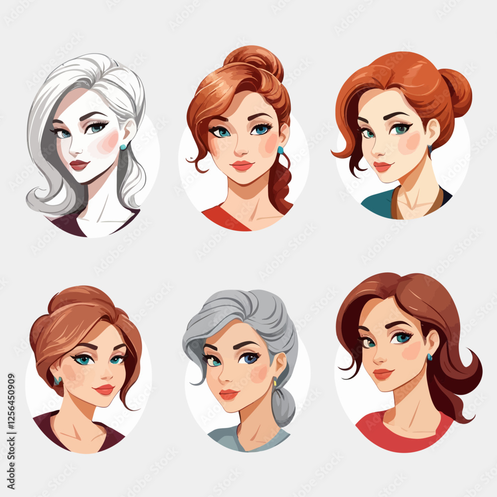Set of various female avatars showing head portraits of young women in circles. It includes side views and faces of different female characters, ideal for logos or profile pictures. Set of various female avatars showing head portraits of young women in circles. It includes side views and faces of different female characters, ideal for logos or profile pictures.
