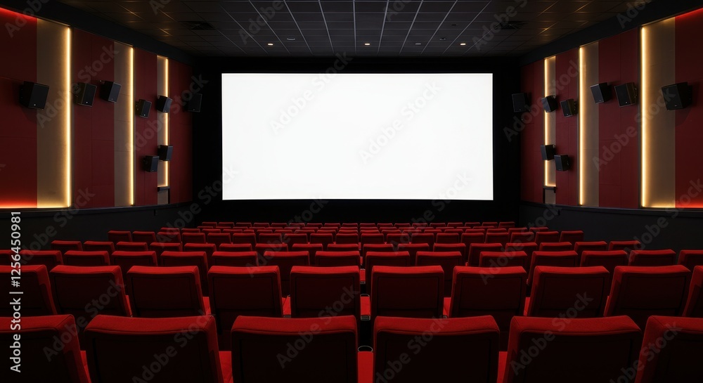 Fototapeta premium A cinema interior view showing an empty theater with plush red seats