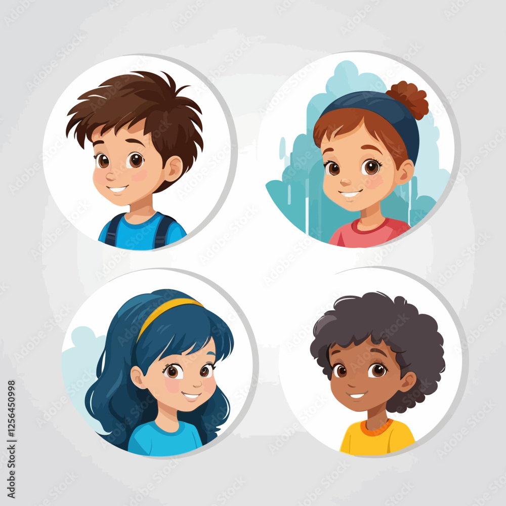 A diverse set of child avatars featuring head portraits of young children in circles. Includes side views and faces of different child characters, ideal for logos or profile pictures. A diverse set of child avatars featuring head portraits of young children in circles. Includes side views and faces of different child characters, ideal for logos or profile pictures.