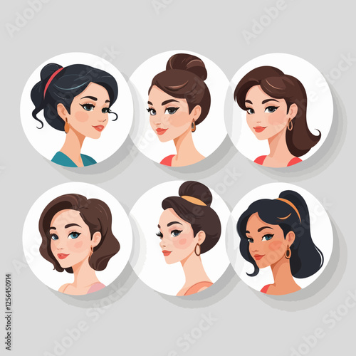 Set of various female avatars showing head portraits of young women in circles. It includes side views and faces of different female characters, ideal for logos or profile pictures.