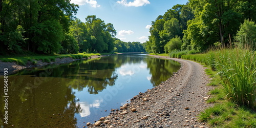 Scenic river reflecting trees on a sunny day