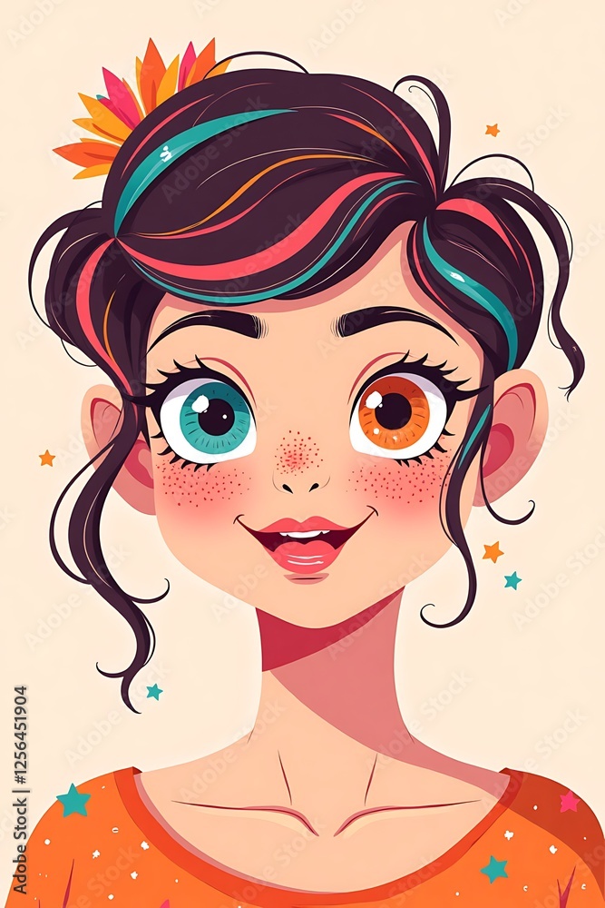 A happy girl with colorful hair and eyes is smiling against a light background A happy girl with colorful hair and eyes is smiling against a light background
