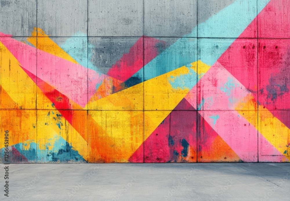 Naklejka premium Abstract street wall art displaying a vibrant graffiti pattern with pink, yellow, red, orange, and blue colors on a concrete wall background with copy space image.