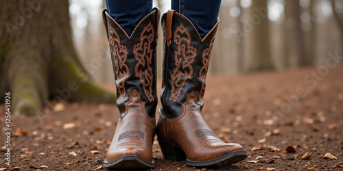 Cowboy boots standing on forest floor