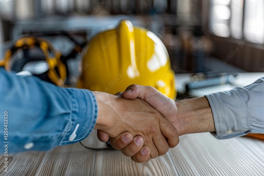 Beginnings of a New Construction Project: Handshake in Front of Yellow Helmet Beginnings of a New Construction Project: Handshake in Front of Yellow Helmet