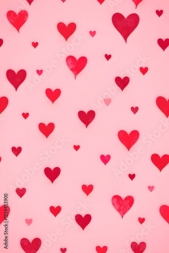 Pink and red heart pattern background with various sizes and shapes