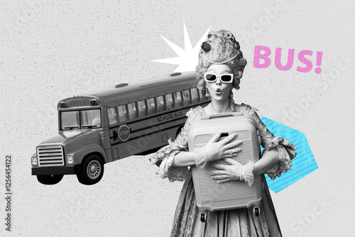 Composite sketch artwork collage of young lady stand hold bag bus travel moving aristocratic portrait corset dress opulence now vs then