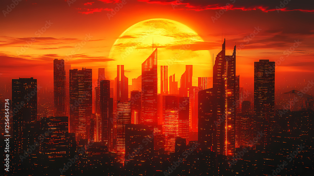 Fototapeta premium Sunset cybercity skyline, futuristic cityscape, neon lights, digital art, night city, sci-fi, glowing buildings, urban fantasy, cyberpunk, evening city. Golden Hour Cyberpunk. Illustration