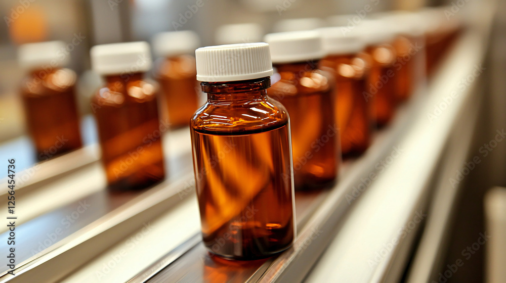 A close-up view of pharmaceutical bottles moving in perfect alignment on a production line, showcasing precision and orderliness in a sterile environment. A close-up view of pharmaceutical bottles moving in perfect alignment on a production line, showcasing precision and orderliness in a sterile environment.