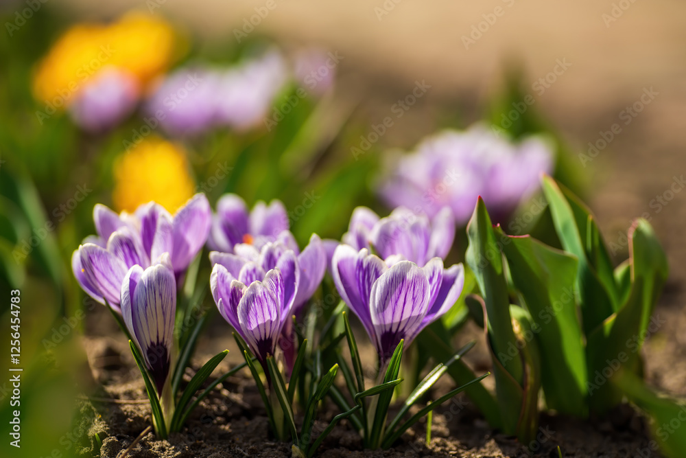 Crocuses with purple and white petals are emerging from the ground, announcing the arrival of spring Crocuses with purple and white petals are emerging from the ground, announcing the arrival of spring