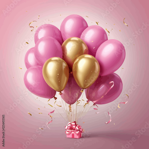 Anniversary celebration or birthday party poster design featuring a bunch of pink balloons with realistic 3D effect and golden ribbons. Ideal event background for invitations or party celebrations.