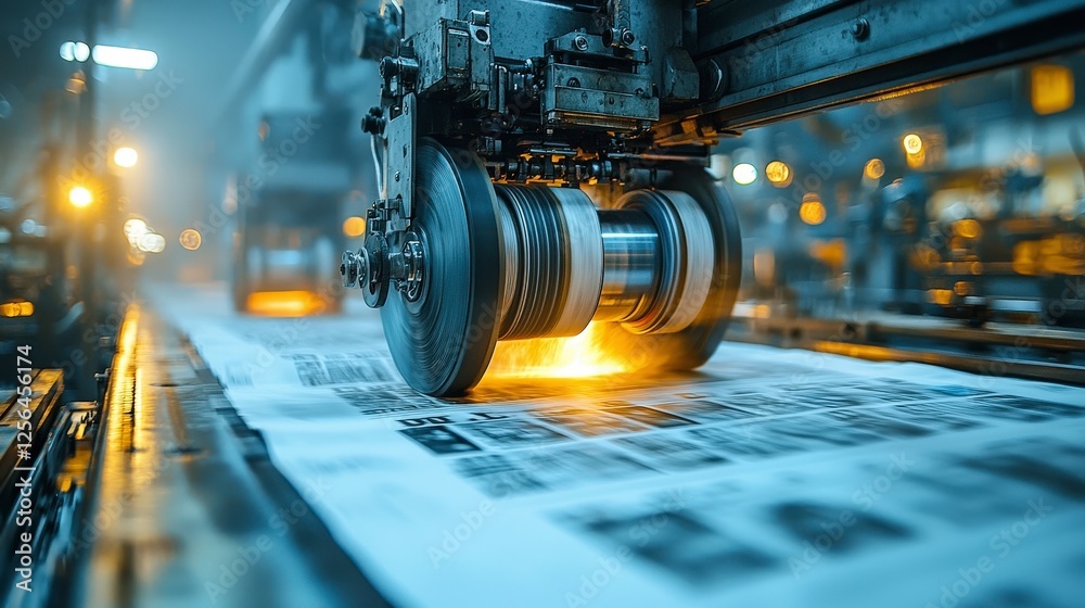 Fototapeta premium An illustration of a bustling print production line, highlighting machinery in action with vibrant lights, showcasing the precision of the printing process in motion.