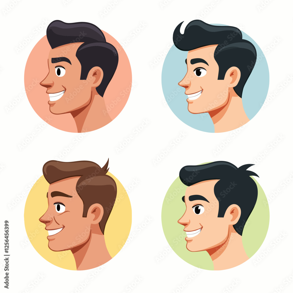 A diverse set of male avatars featuring head portraits of young men. Faces and side views of different male characters are perfect for children's logos or illustrations. A diverse set of male avatars featuring head portraits of young men. Faces and side views of different male characters are perfect for children's logos or illustrations.