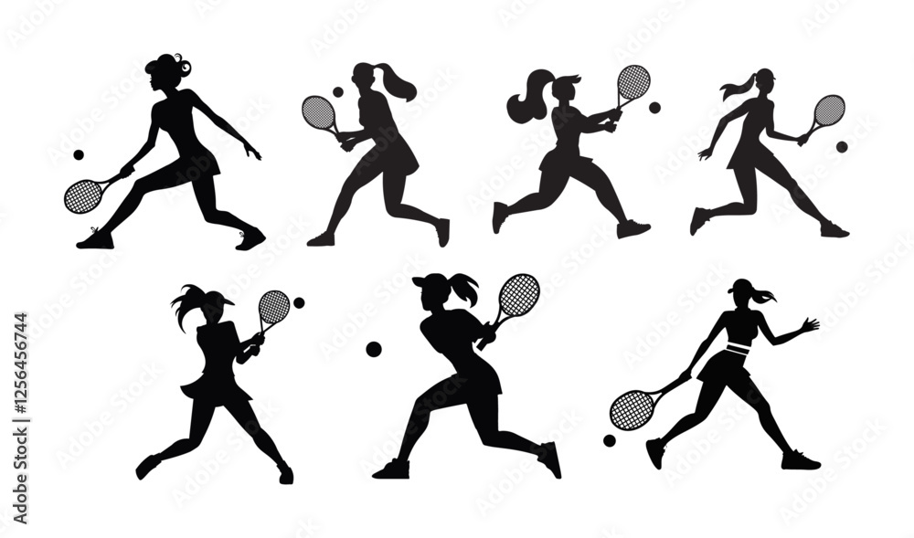 Obraz premium Set of woman silhouettes hitting a tennis ball with a racket.