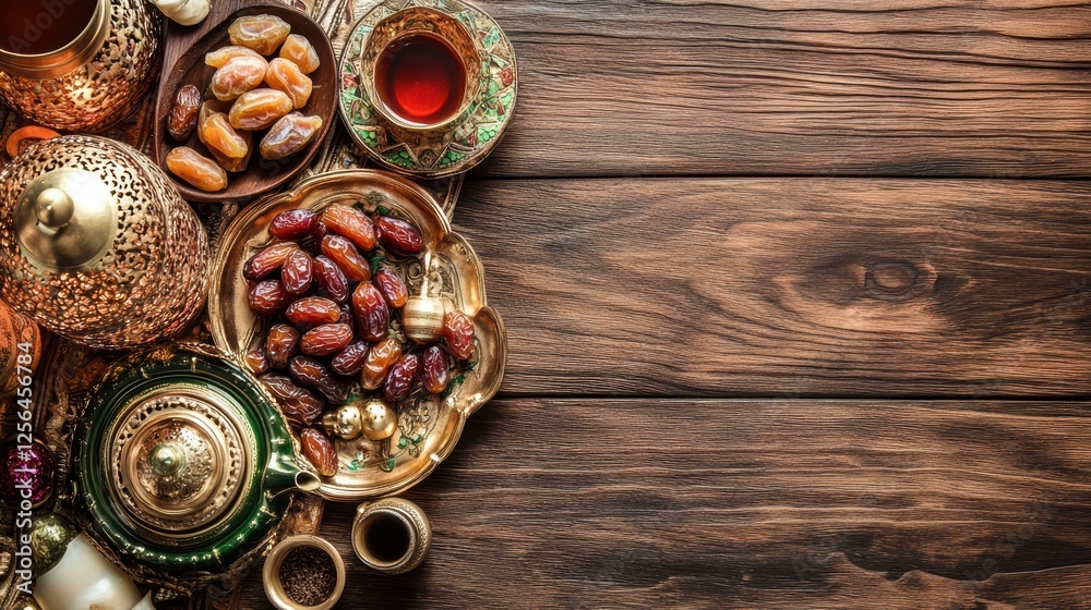 Eid Mubarak Celebration Table with Dates, Tea, and Decorative Dishes on Rustic Wooden Background for Ramadan Festivities with Copy Space for Text Eid Mubarak Celebration Table with Dates, Tea, and Decorative Dishes on Rustic Wooden Background for Ramadan Festivities with Copy Space for Text