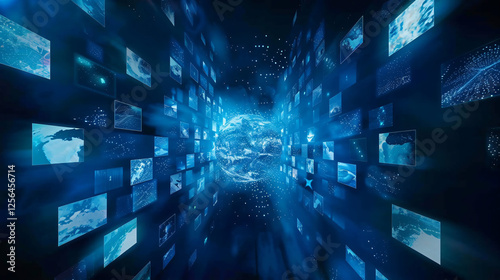 multimedia technology concept of a abstract glowing digital multimedia Displaying screens speed floating, a Network of earth globe social media concept, Multimedia Entertainment concept