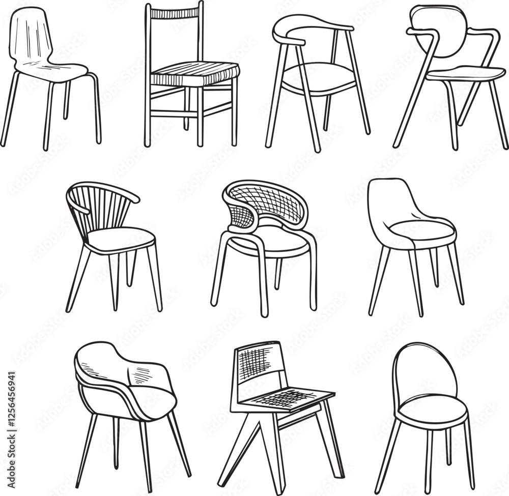 Ensemble chaise moderne vecteur trait noir bois tissu décoration mobilier