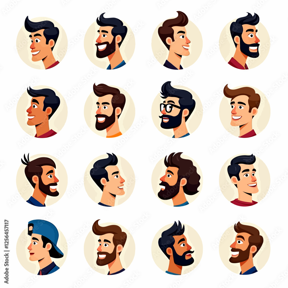 Set of various male avatars, featuring head portraits of young boys in white circles. Faces and side views of different male characters, perfect for children's logos or illustrations. Set of various male avatars, featuring head portraits of young boys in white circles. Faces and side views of different male characters, perfect for children's logos or illustrations.