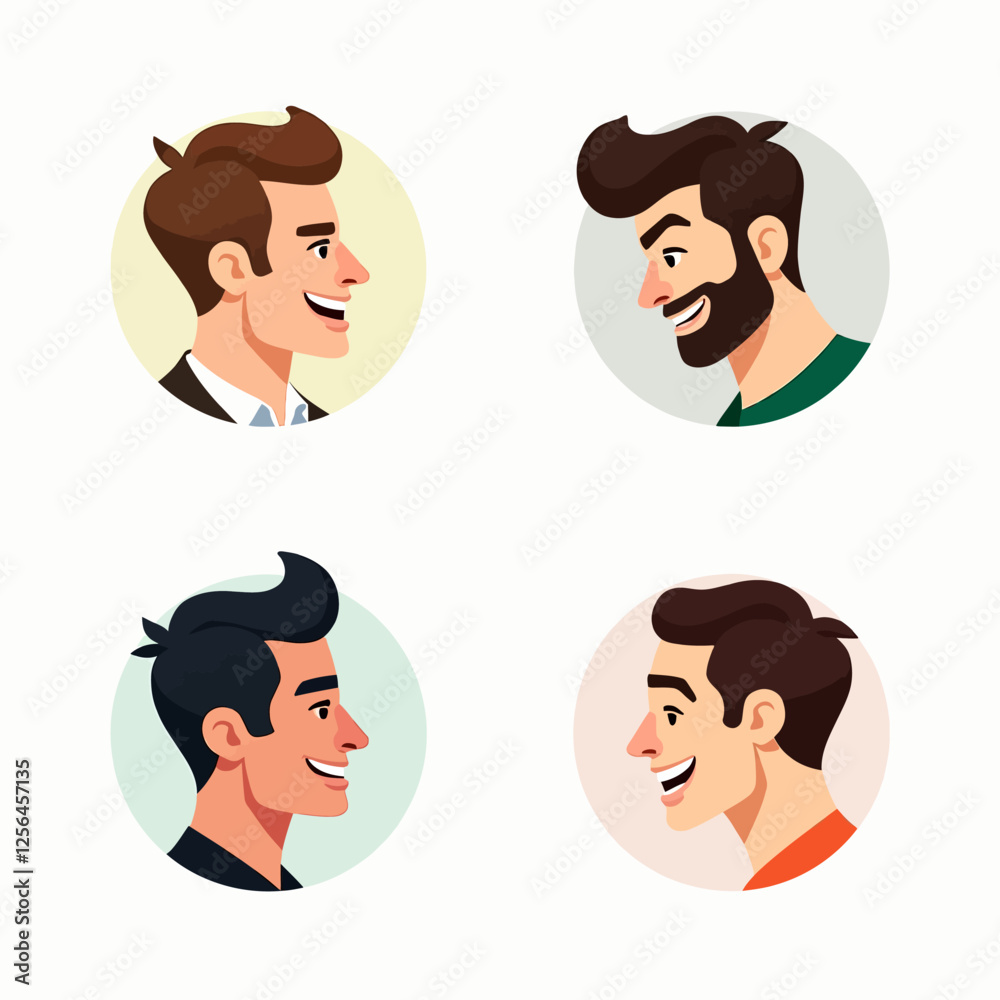 Set of various male avatars, featuring head portraits of young boys in white circles. Faces and side views of different male characters, perfect for children's logos or illustrations. Set of various male avatars, featuring head portraits of young boys in white circles. Faces and side views of different male characters, perfect for children's logos or illustrations.