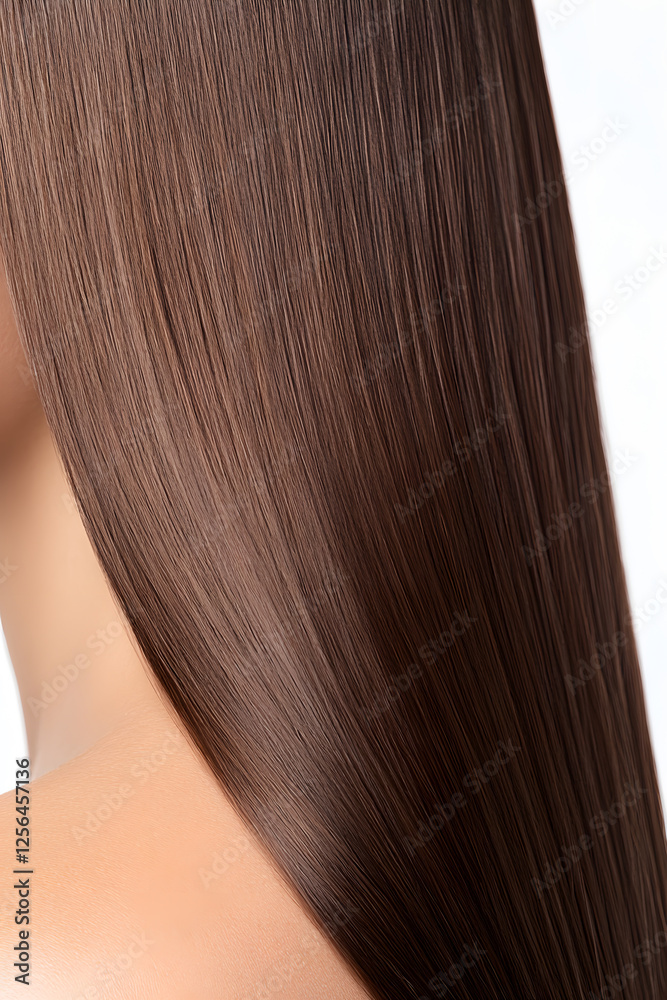 Close-up of long, straight, shiny brunette hair cascading over a shoulder, showcasing its smooth texture and healthy appearance against a bright background. Close-up of long, straight, shiny brunette hair cascading over a shoulder, showcasing its smooth texture and healthy appearance against a bright background.