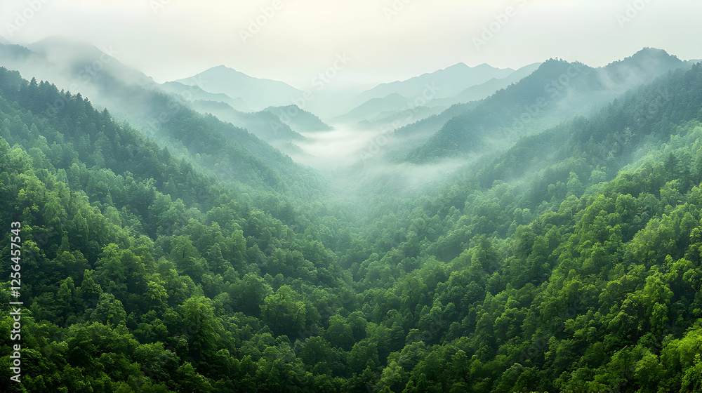 Fototapeta premium Misty mountain valley forest landscape, serene nature scene, travel background
