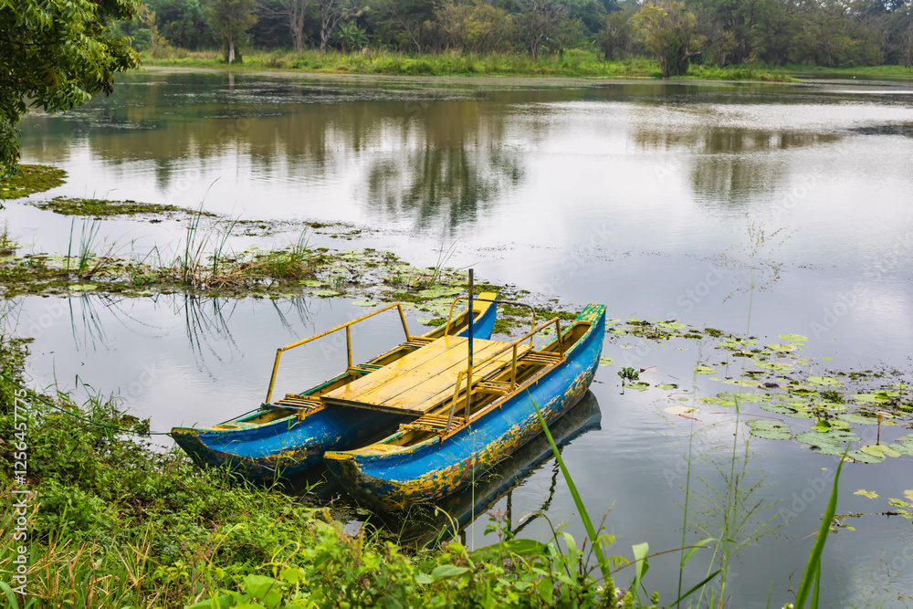 Empty blue catamaran on Hiriwadunna lake, Sigiriya, Sri Lanka Empty blue catamaran on Hiriwadunna lake, Sigiriya, Sri Lanka