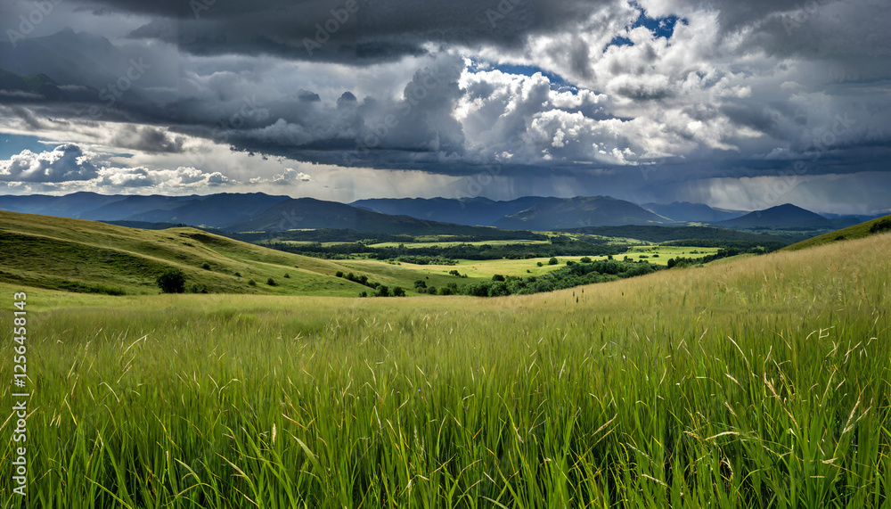 Obraz premium Le paysage de campagne verdoyant et les nuages dans le ciel