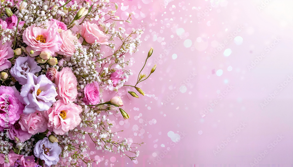 Delicate roses, lisianthus and gypsophila on a pastel background, creating a spring mood Delicate roses, lisianthus and gypsophila on a pastel background, creating a spring mood