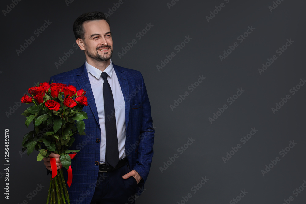 Happy Valentine's Day. Handsome man with bouquet of roses on grey background. Space for text Happy Valentine's Day. Handsome man with bouquet of roses on grey background. Space for text