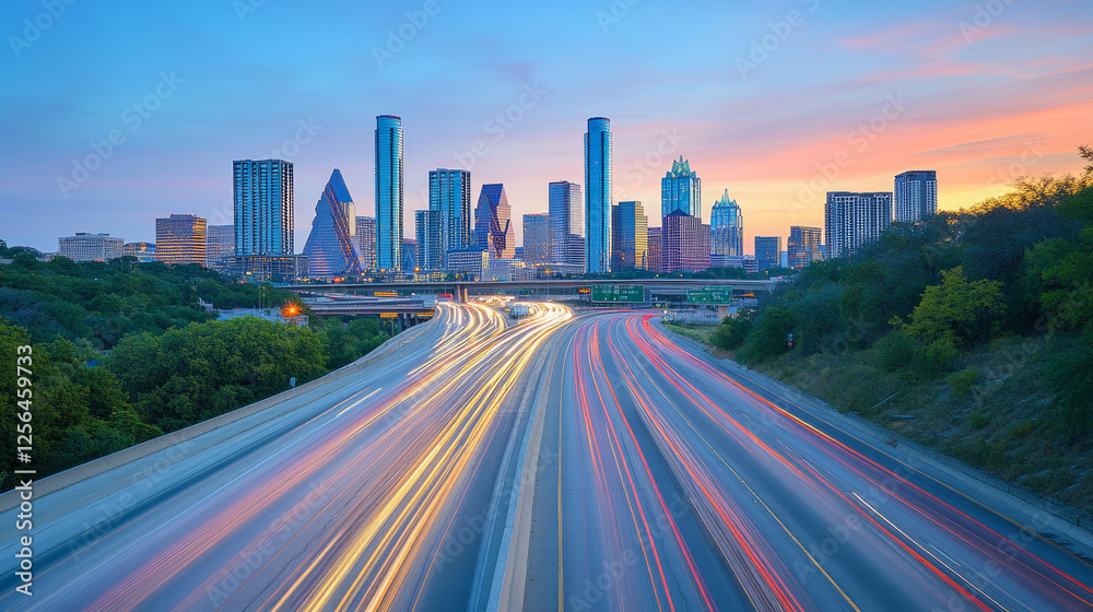 Fototapeta premium Highway overpass motion blur effect with modern city background