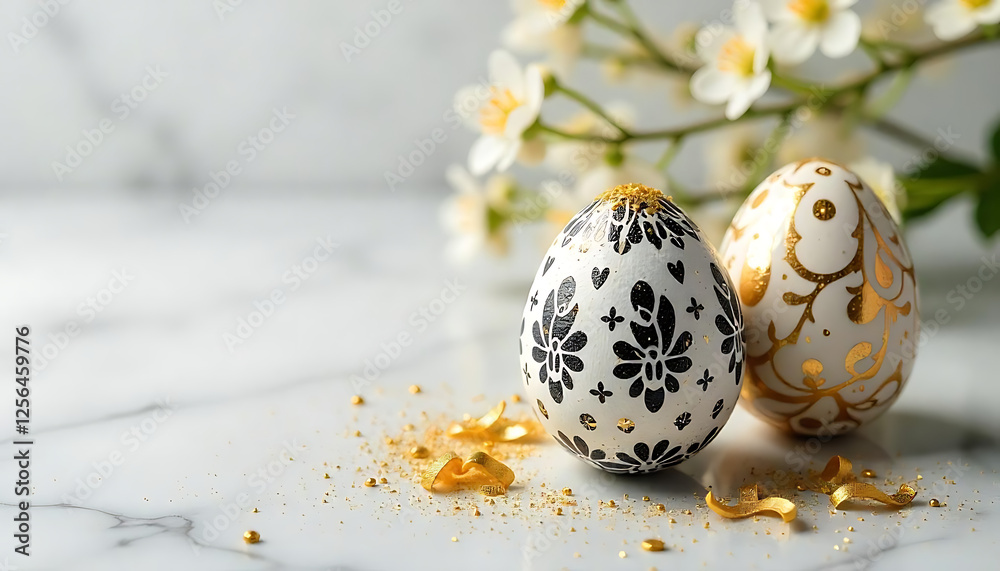 Obraz premium Luxurious Easter Banner, Black & White Eggs with Golden Accents in Spotlight, Festive eggs with copy-space, Easter post card with eggs, created with generative ai