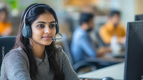 Indian professional using earphones during a team video call, collaborating with colleagues and brainstorming project ideas