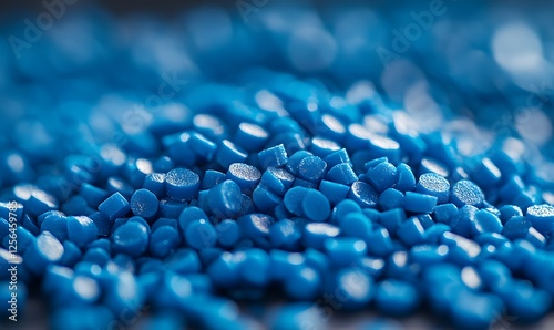 Close up view of many blue plastic polymer pellets used in manufacturing process