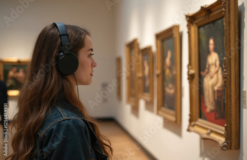 Young caucasian woman with headphones contemplates paintings in art gallery. Student visits arts exhibition, listens audio guide. Concept of culture education, art appreciation. Museum visit,