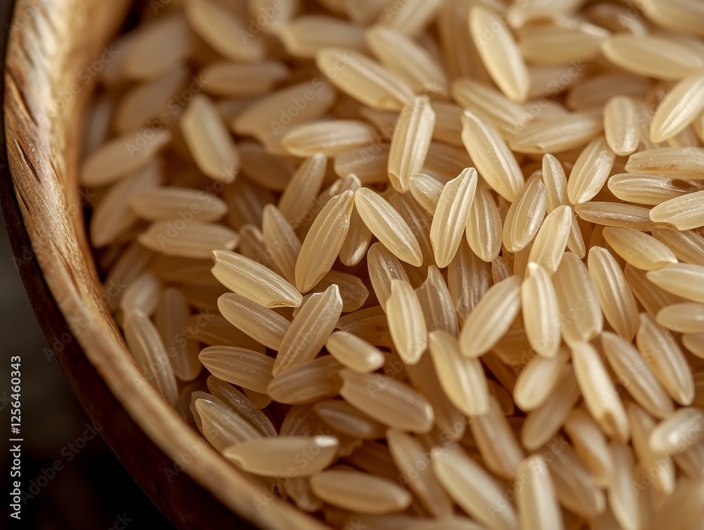 Close-up of raw rice grains in a bowl. Showcasing the texture and purity of the grains. Emphasizing natural and organic food. Ideal for culinary blogs and food packaging. Close-up of raw rice grains in a bowl. Showcasing the texture and purity of the grains. Emphasizing natural and organic food. Ideal for culinary blogs and food packaging.