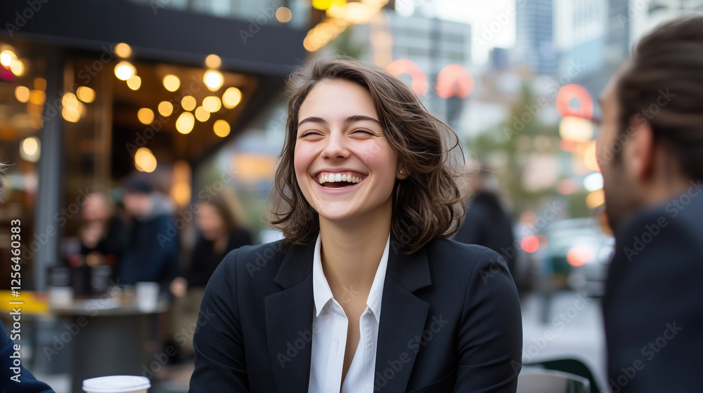 A confident young entrepreneur in a sleek blazer laughs with a coworker on a city street, looking relaxed yet professional in a bustling business district. confident entrepreneur, A confident young entrepreneur in a sleek blazer laughs with a coworker on a city street, looking relaxed yet professional in a bustling business district. confident entrepreneur,