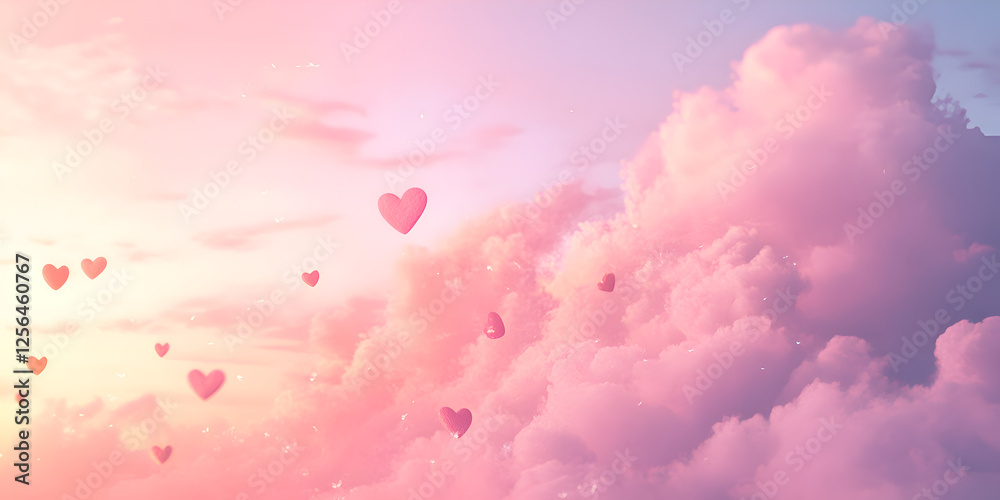 Fototapeta premium Pink Gradient with Floating Hearts and a Romantic Aesthetic