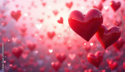 3D rendering of numerous red and pink hearts floating in a soft pastel background, concept of romance, dreaminess, and creative design.