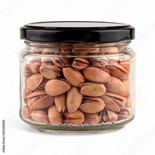 A glass jar filled with shelled pistachios, tightly sealed with a black lid. The jar is placed against a white background, highlighting the nuts' natural brown and green hues. photo