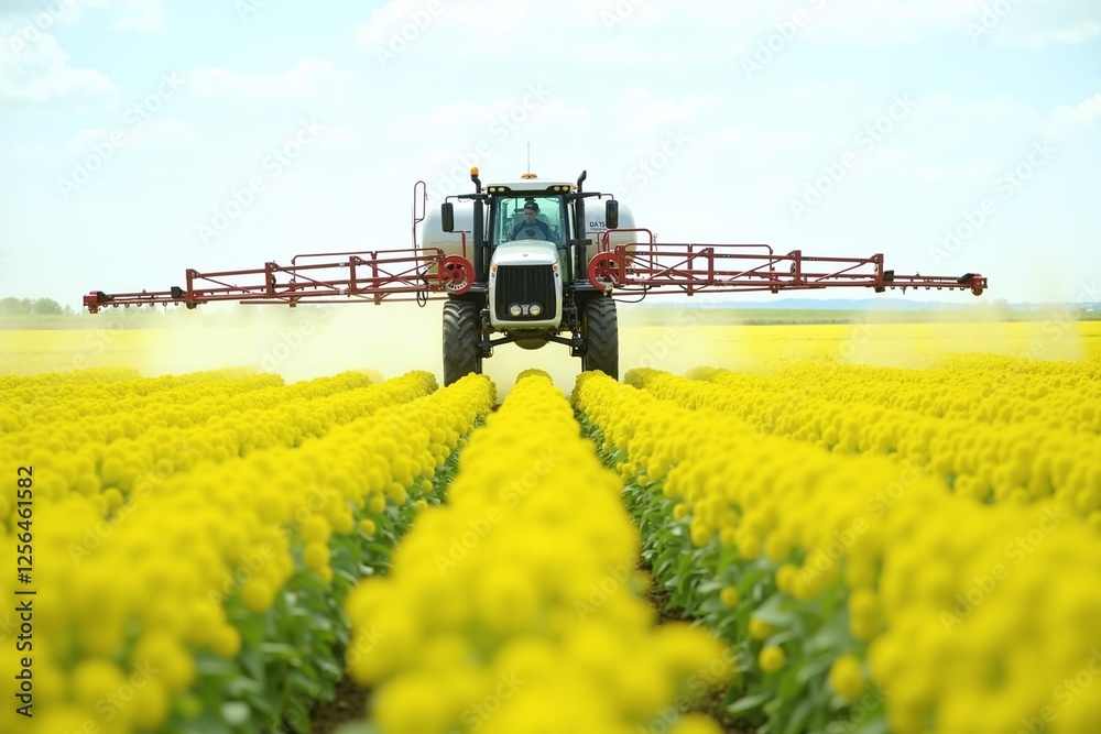 Large modern sprayer machine in canola field Large modern sprayer machine in canola field