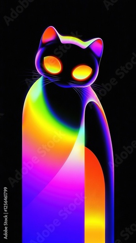   A picture of a black cat with glowing eyes on its head against a colorful background featuring multiple images of feline heads