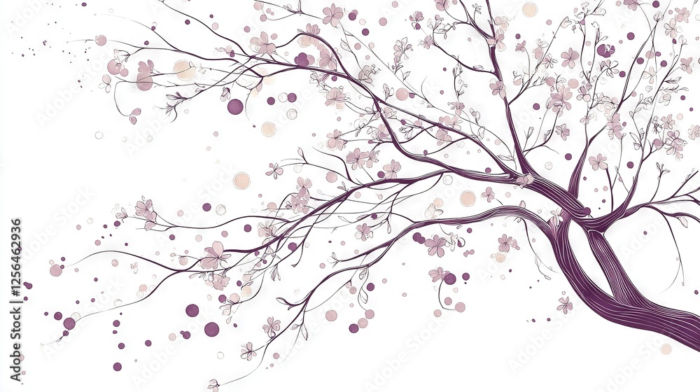 A drawing of a tree with numerous pink flowers adorning its branches against a crisp white sky backdrop A drawing of a tree with numerous pink flowers adorning its branches against a crisp white sky backdrop