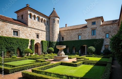Santa Barbara garden, Archbishop Palace in Braga city, Portugal. Ancient medieval architecture with gothic wall, old historic landmark. Municipal landscape with summer colorful antique court, arch,