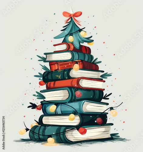A Christmas tree made of stacked books