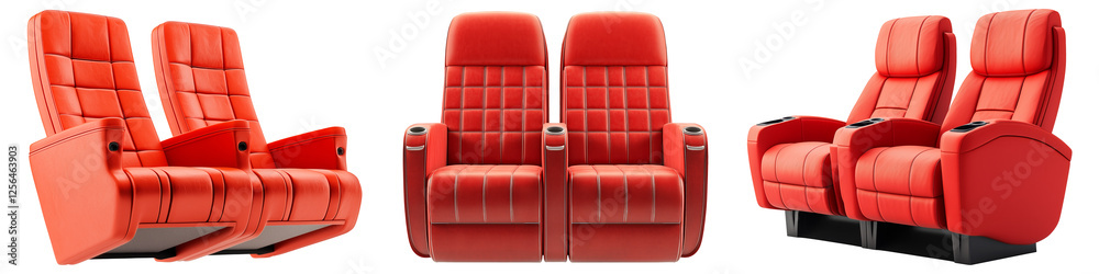 Obraz premium Set of red cinema seats isolated on a transparent background. Theater chairs with armrests and cup holders for home or public cinemas. Multiple views of seats